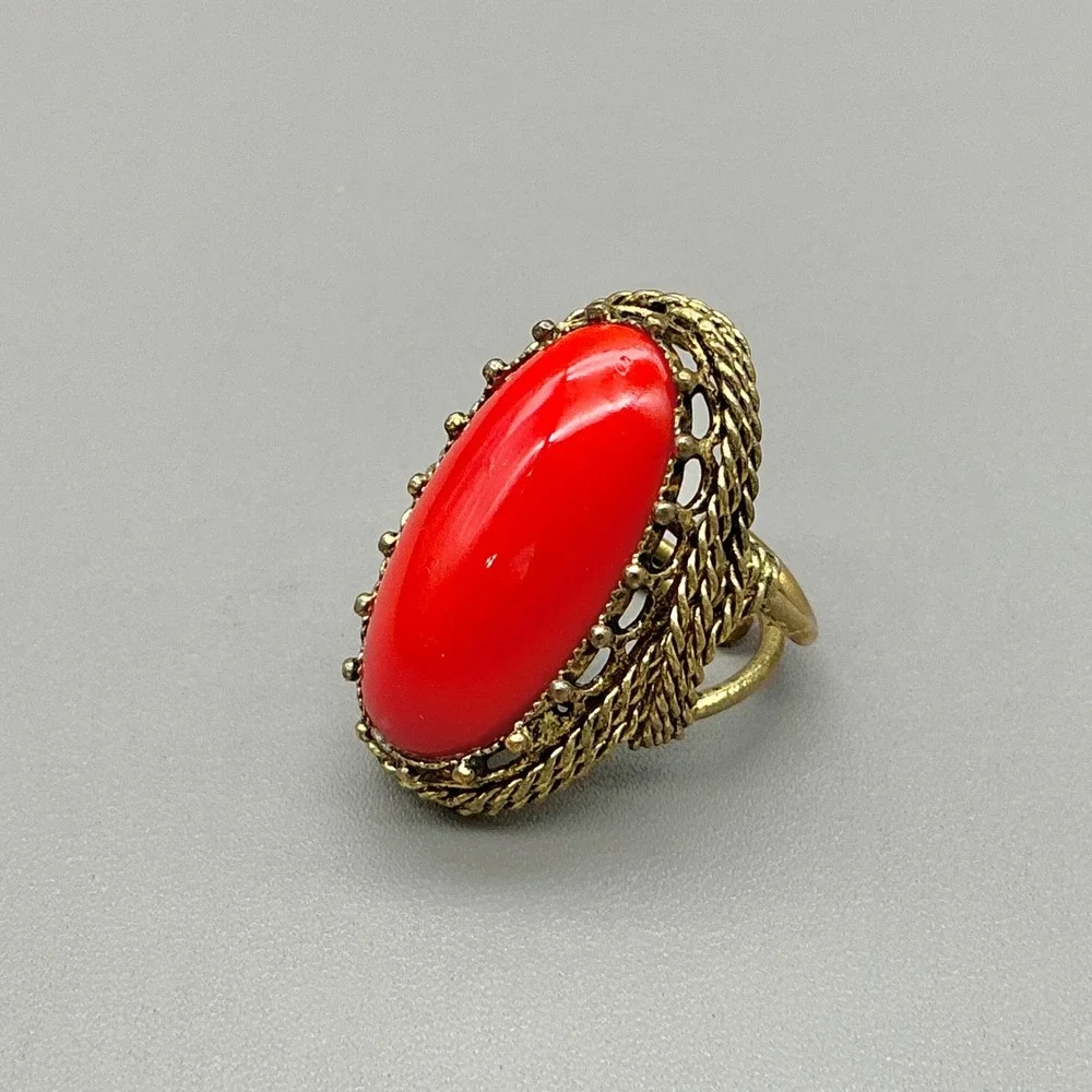 Vintage Made in Austria Ring Gold Tone Red Lucite Adjustable Statement Size 6